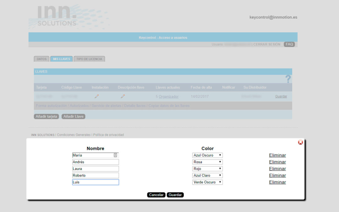 Listado de personas con llave Inn.Keycontrol